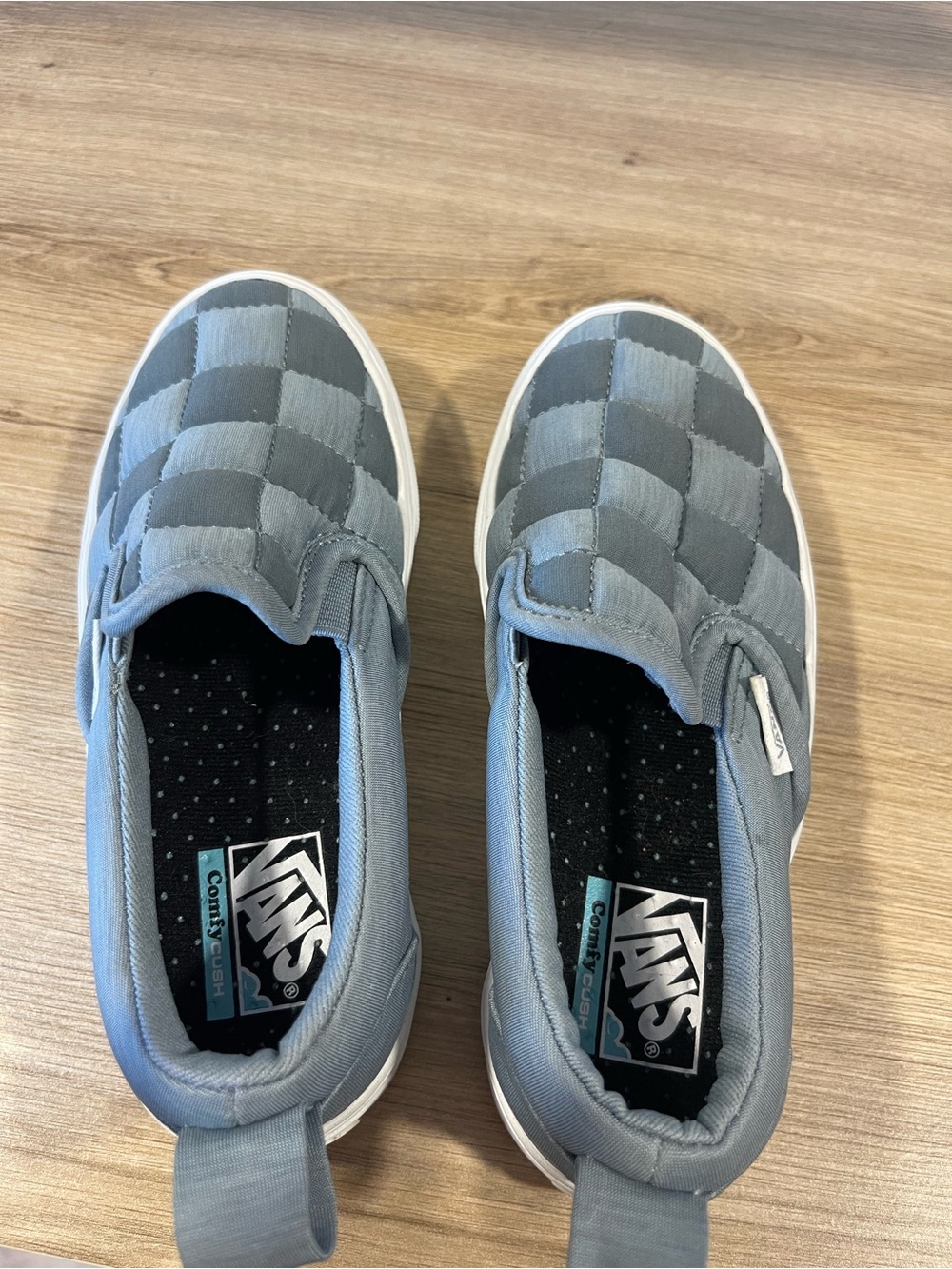 Vans Kids Checkerboard Slip-On Sneakers in Light Blue and Gray